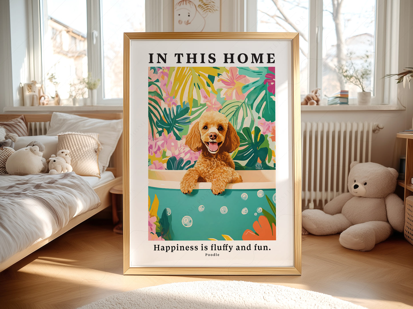 Poodle Wall wall art print displayed in a bright modern living room