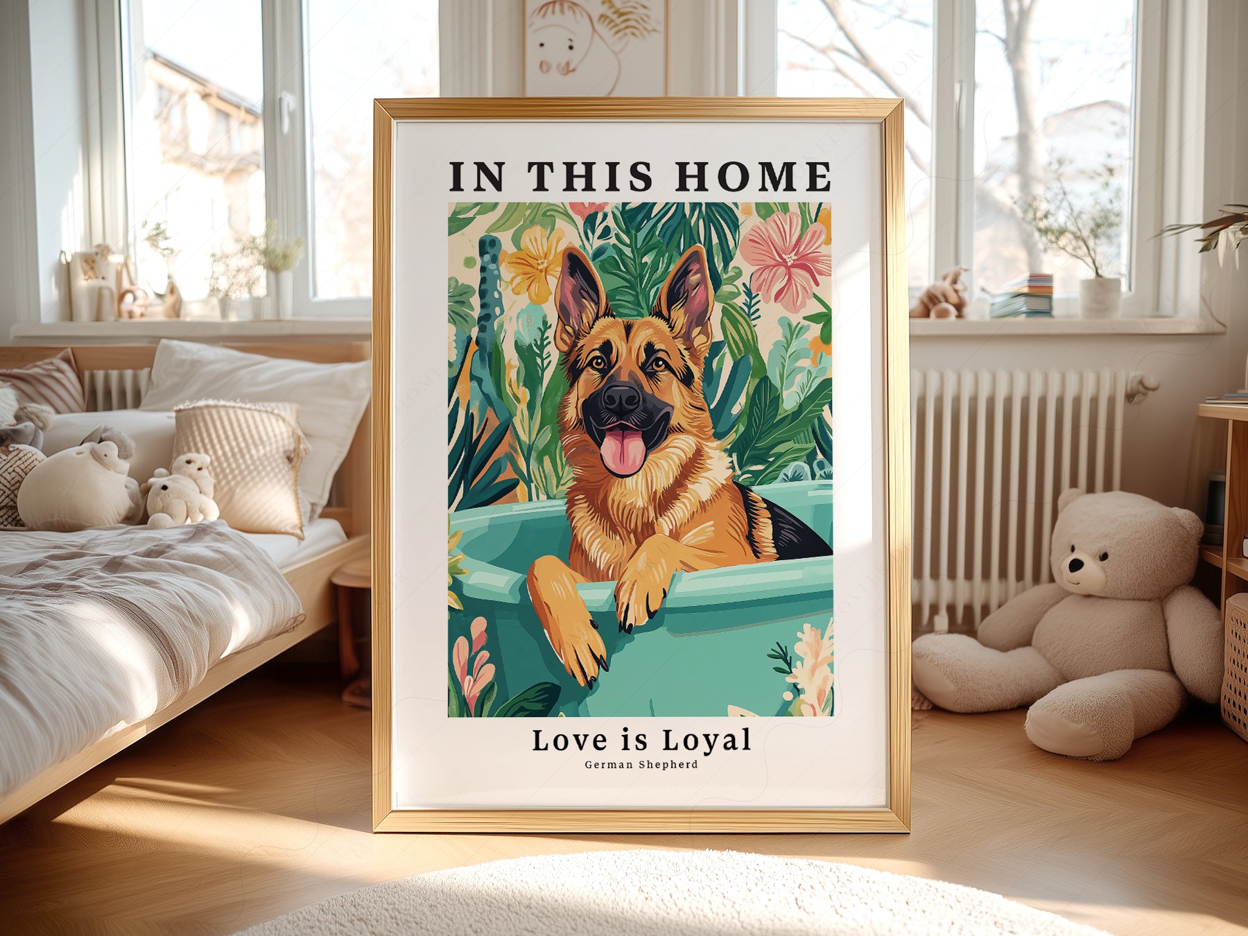 German Shepherd Dog print styled in a mid-century modern dining room