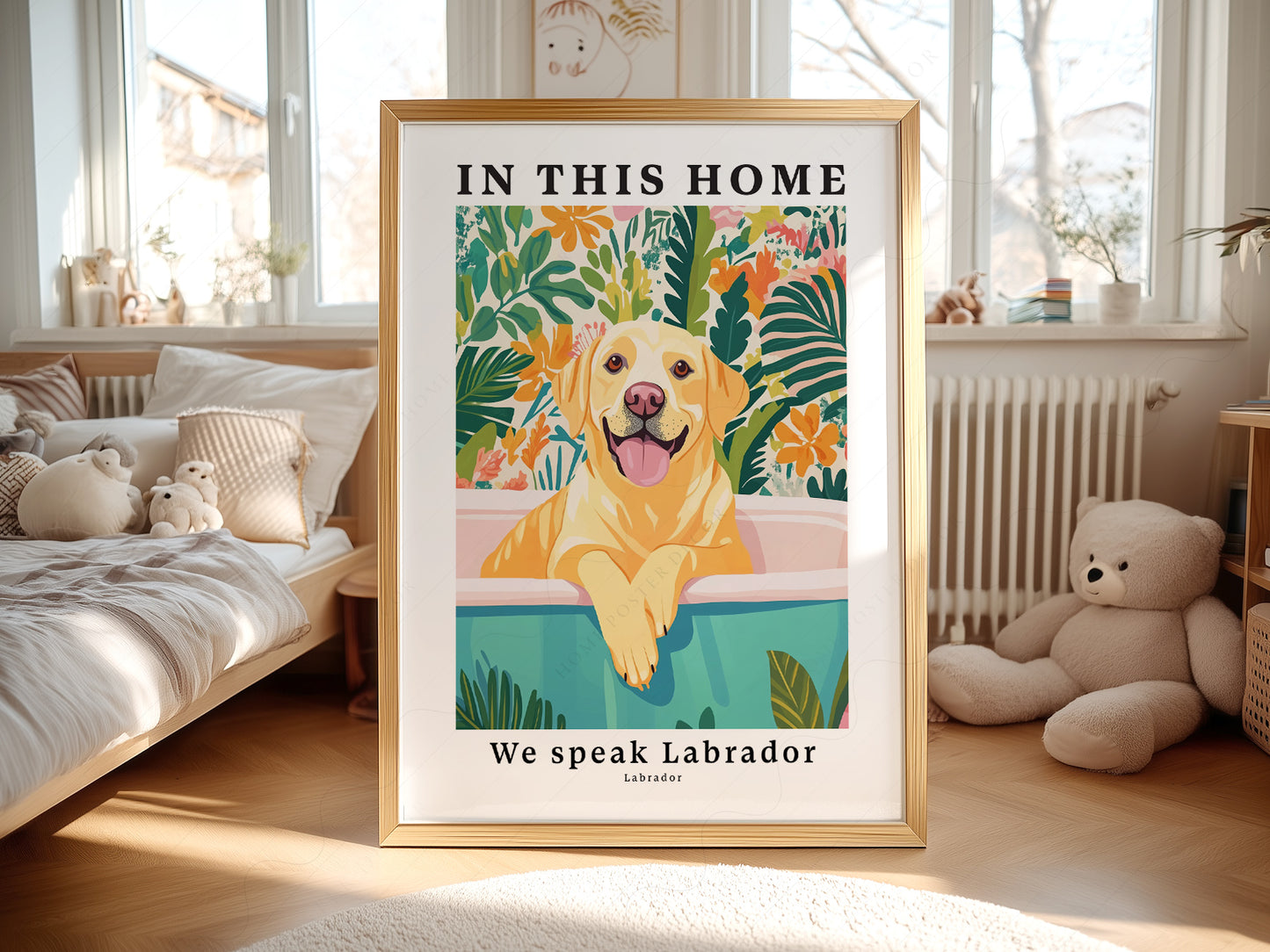 Labrador Dog in a light-filled Japandi-inspired living space