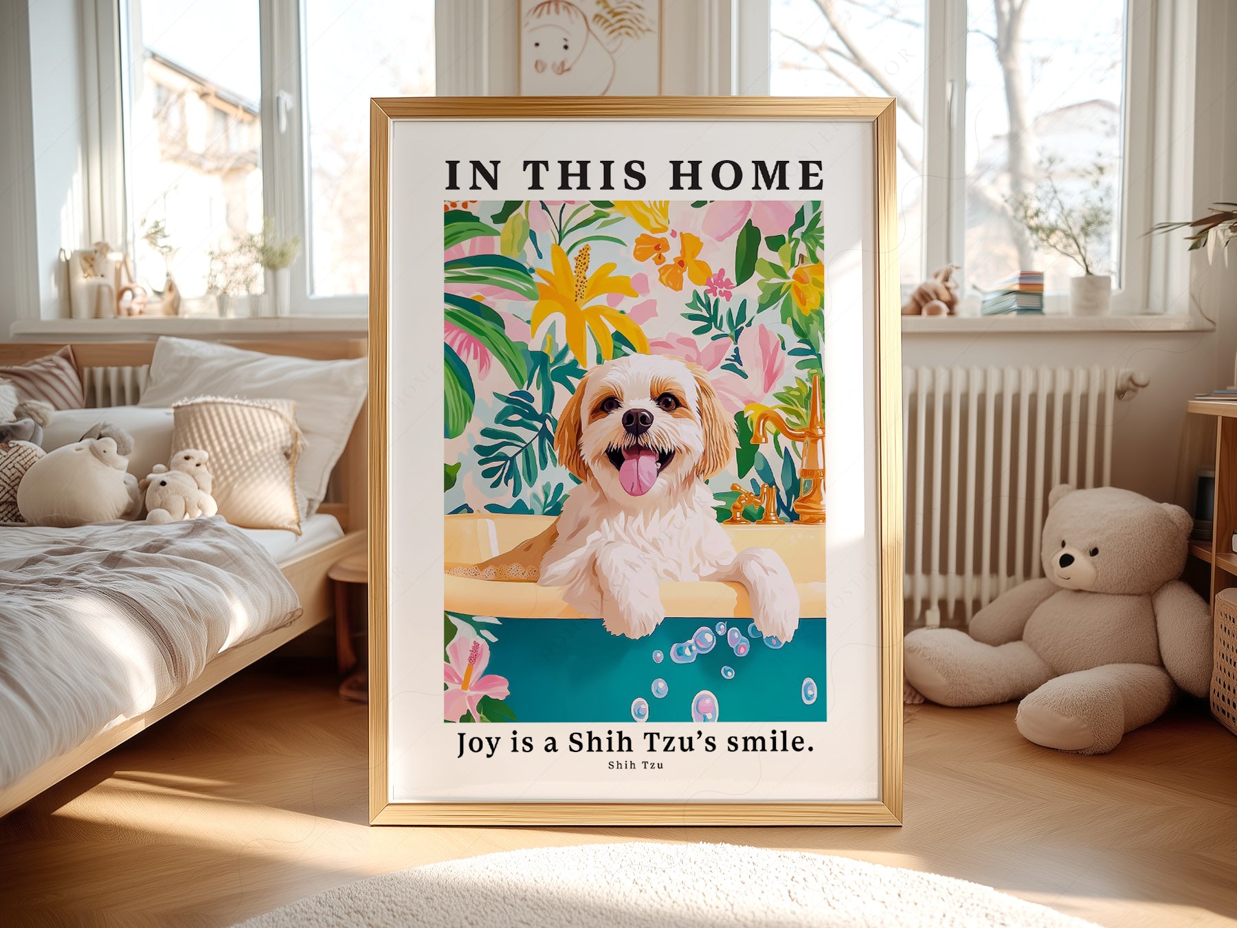 Shih Tzu In This Home wall art print displayed in a bright modern living room