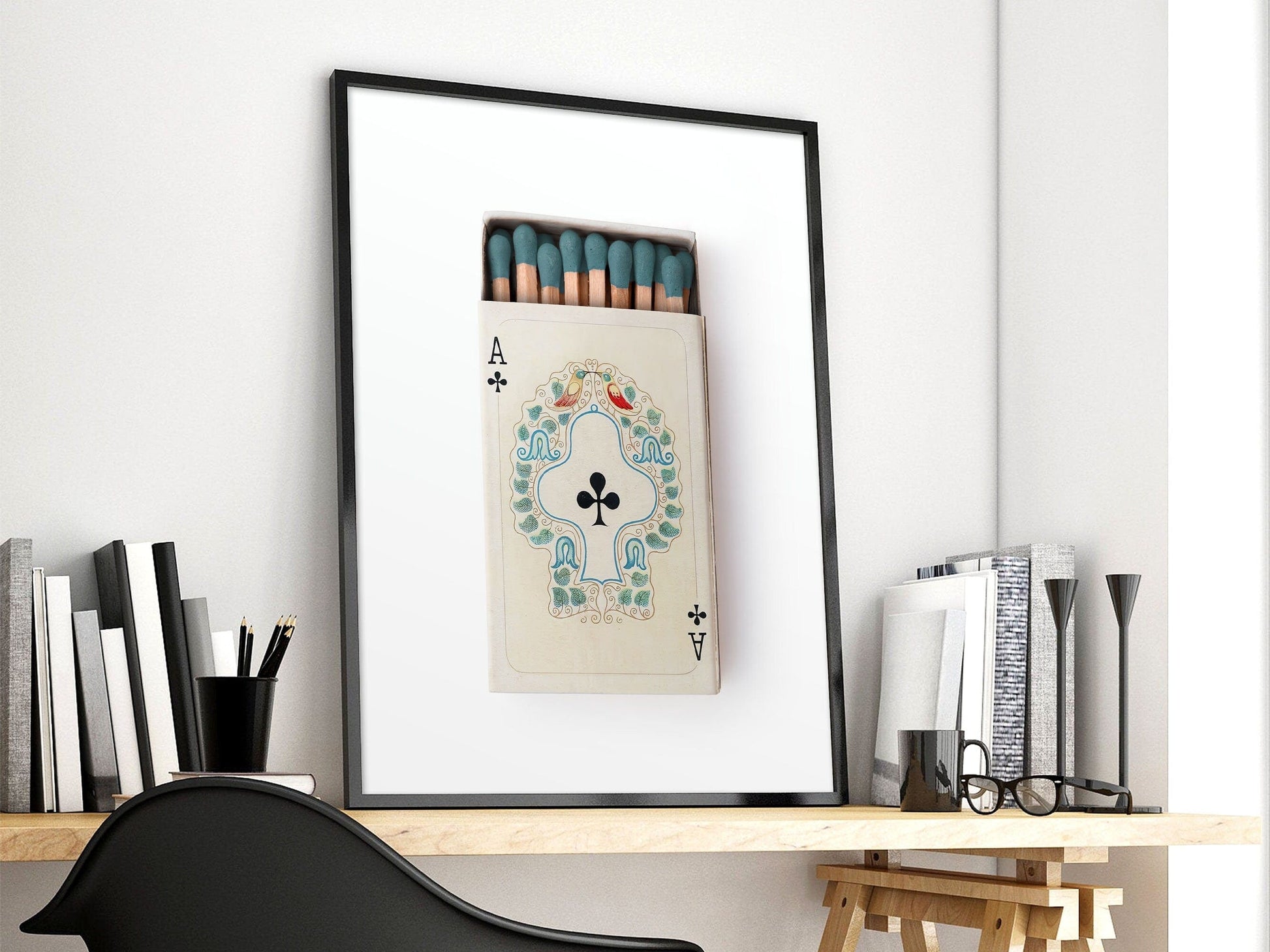 Ace of clubs poster, Playing cards print, Retro wall art, Matchbox print