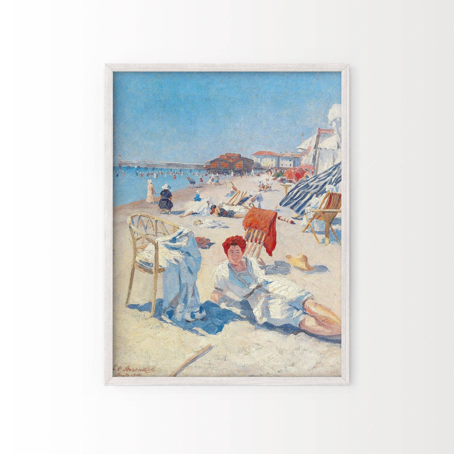 Antique Summer Art, Beach Wall Decor, St. Tropez, French Riviera Painting