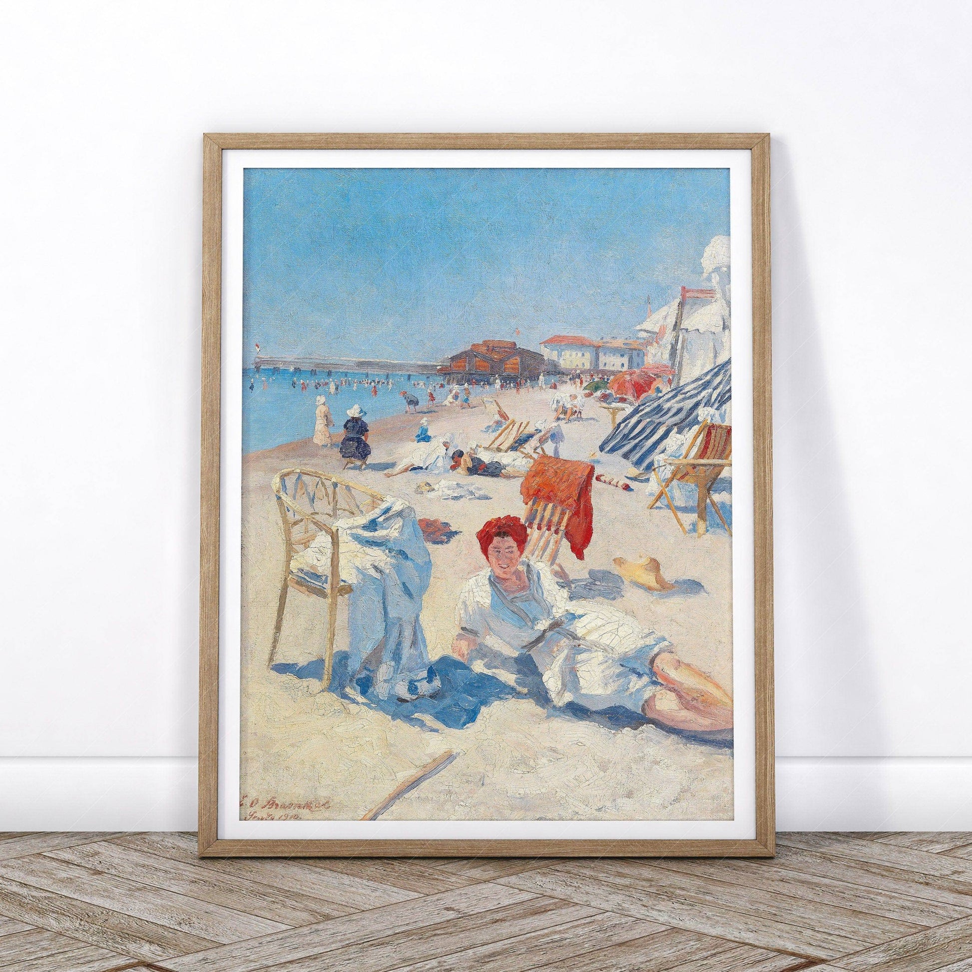 Antique Summer Art, Beach Wall Decor, St. Tropez, French Riviera Painting