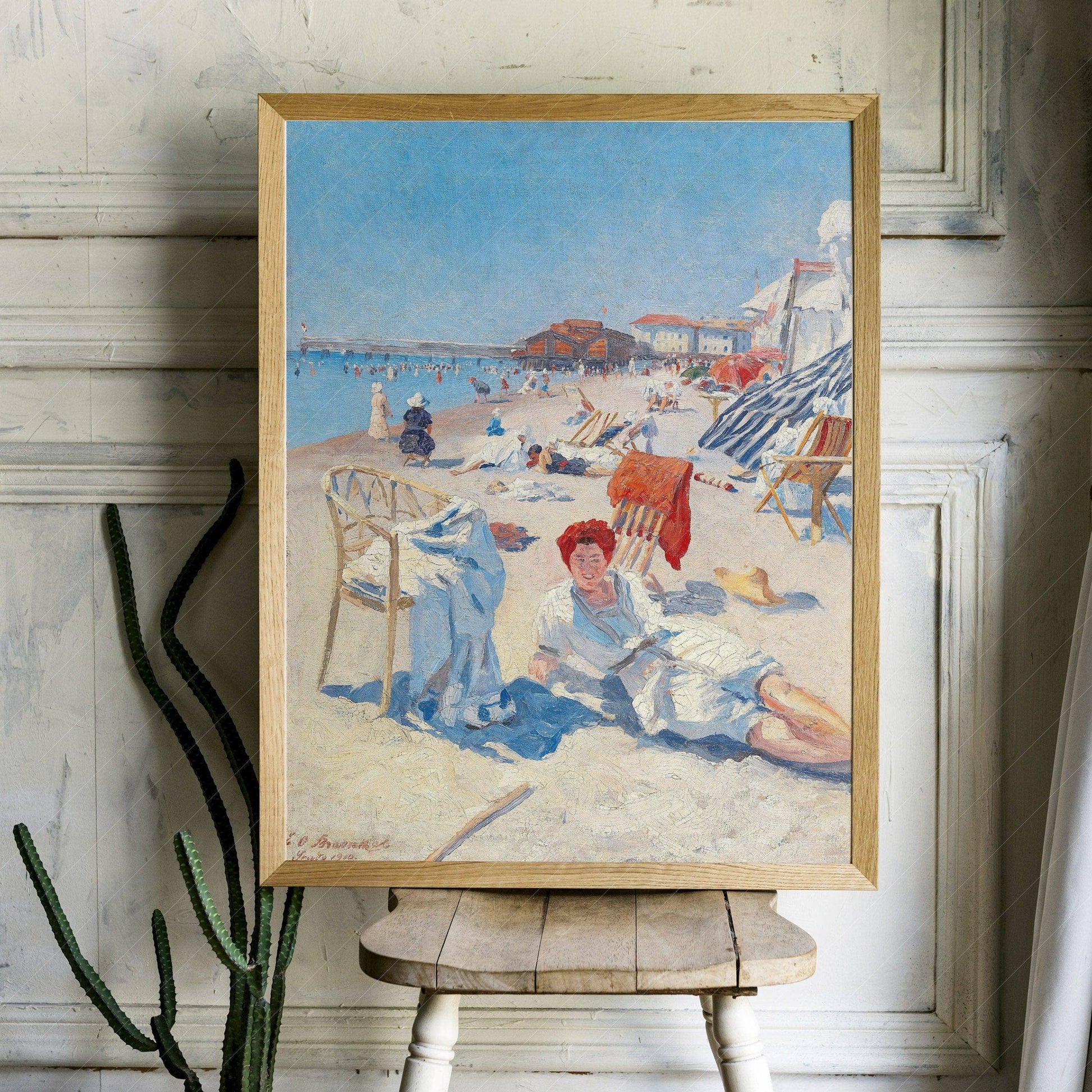 Antique Summer Art, Beach Wall Decor, St. Tropez, French Riviera Painting