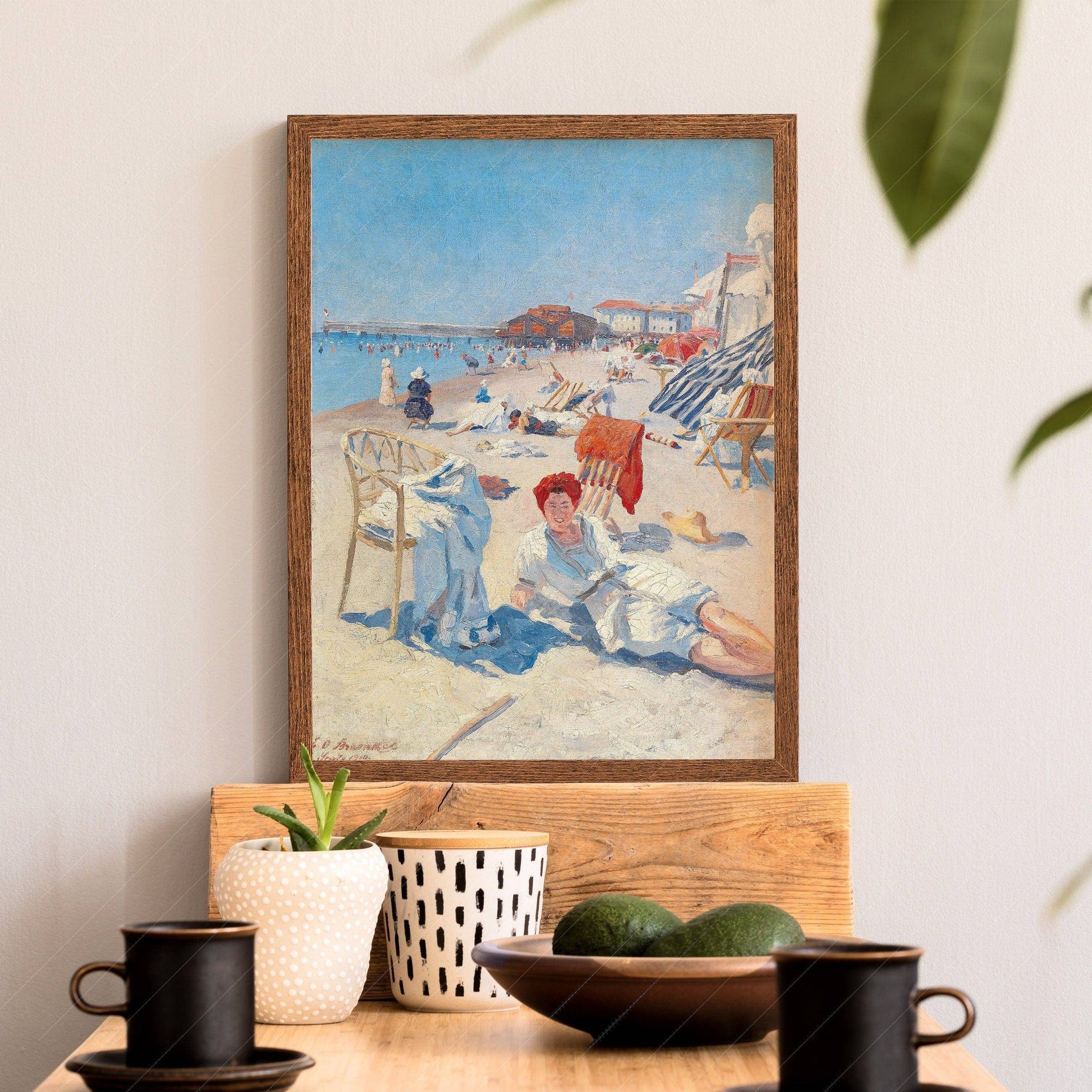 Antique Summer Art, Beach Wall Decor, St. Tropez, French Riviera Painting