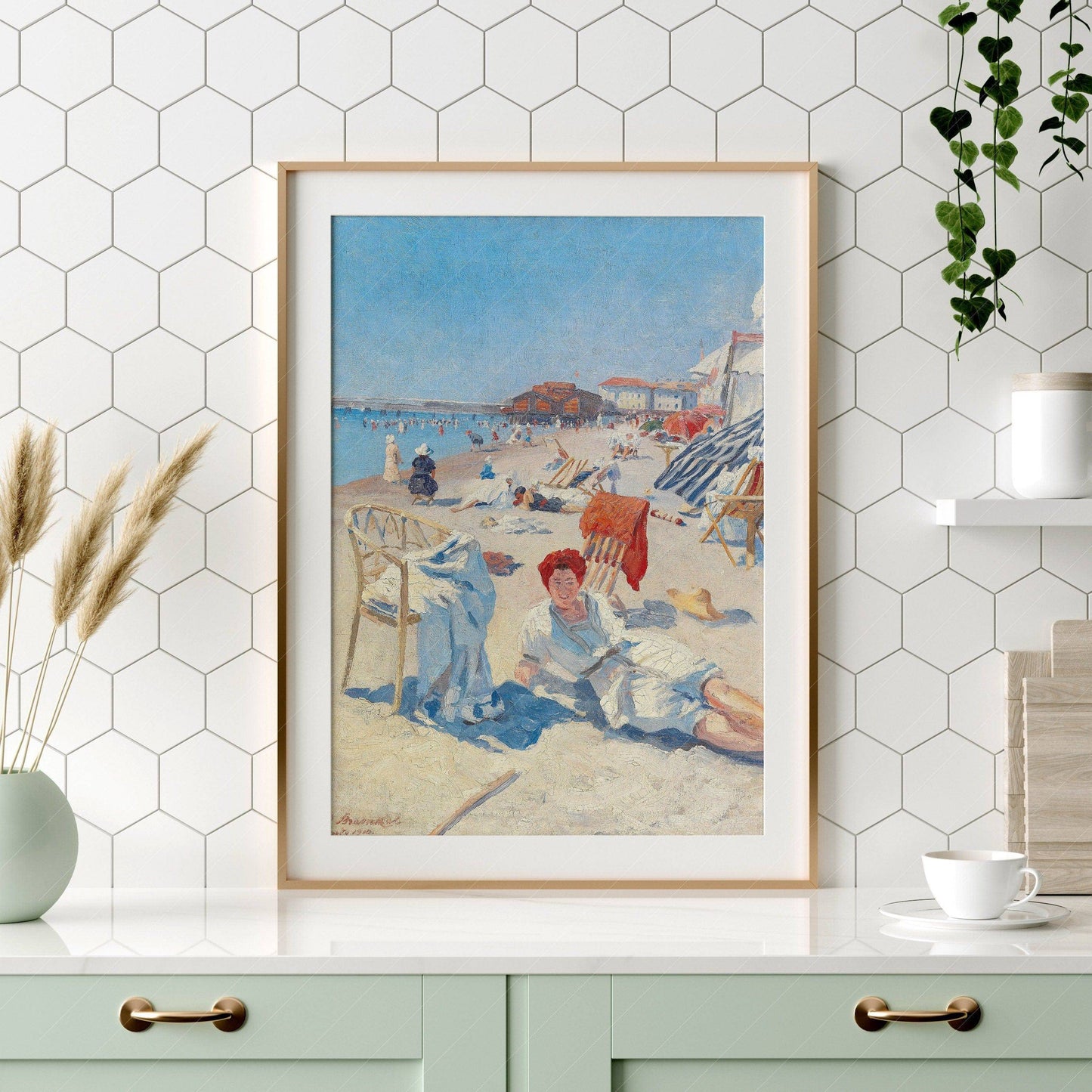 Antique Summer Art, Beach Wall Decor, St. Tropez, French Riviera Painting