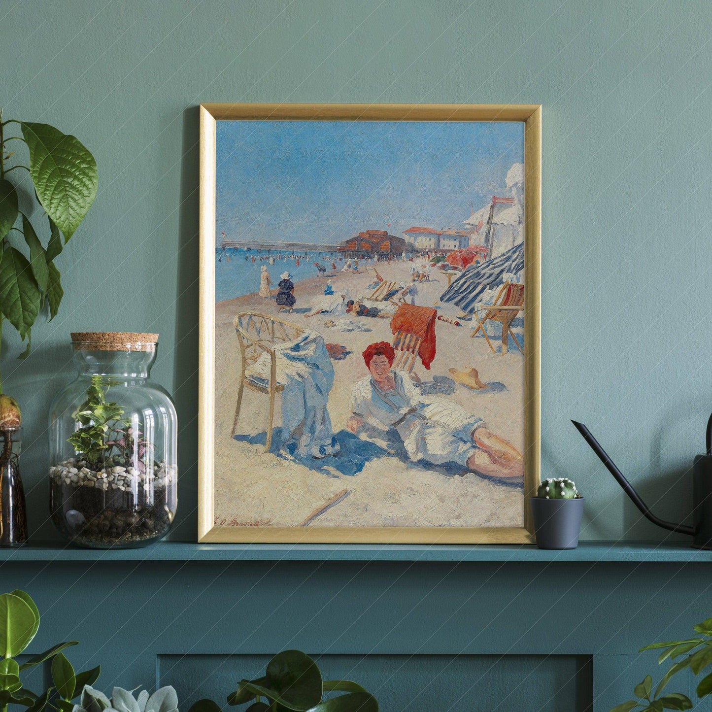 Antique Summer Art, Beach Wall Decor, St. Tropez, French Riviera Painting