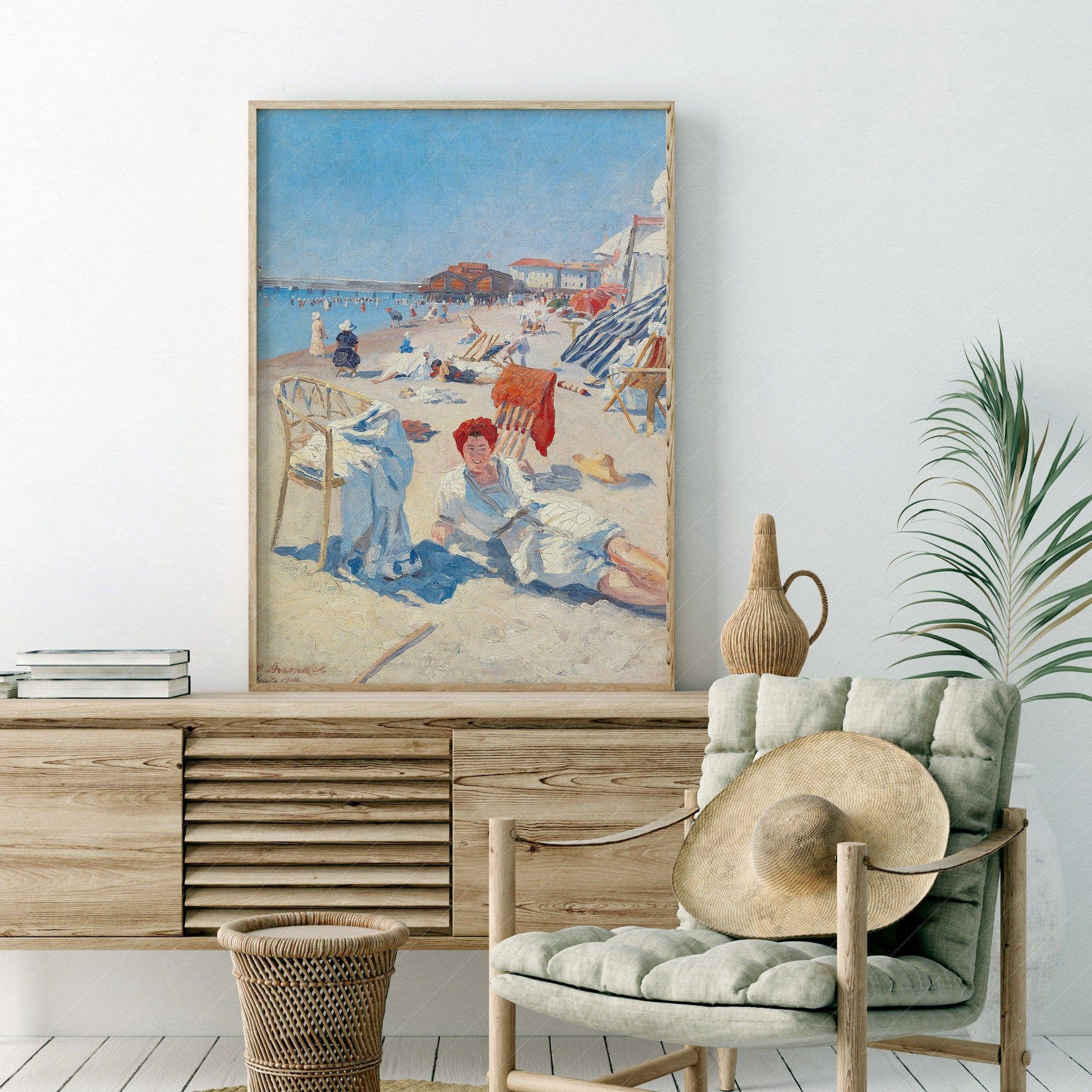 Antique Summer Art, Beach Wall Decor, St. Tropez, French Riviera Painting