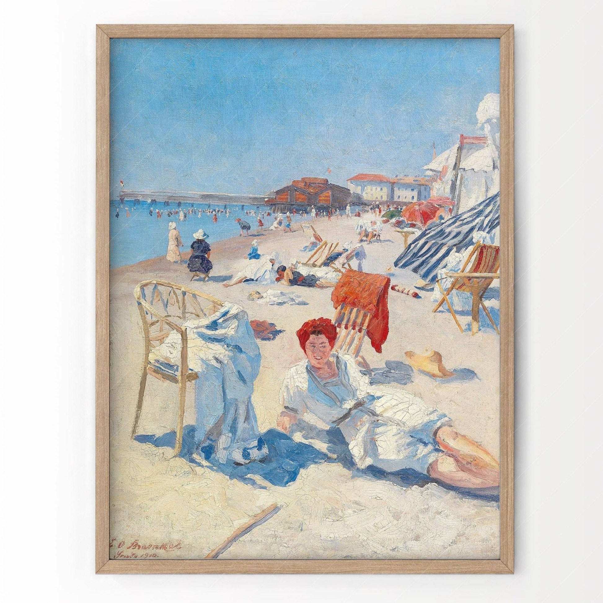 Antique Summer Art, Beach Wall Decor, St. Tropez, French Riviera Painting