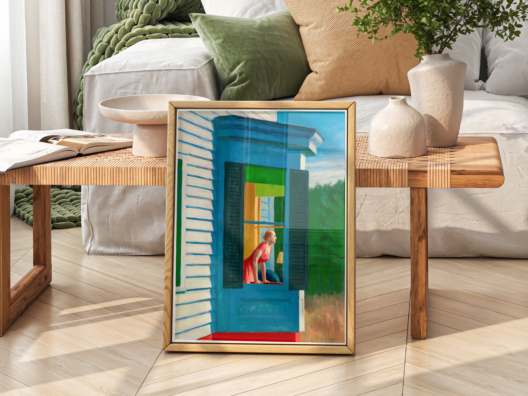 Edward Hopper Cape Cod Morning print styled in a mid-century modern dining room