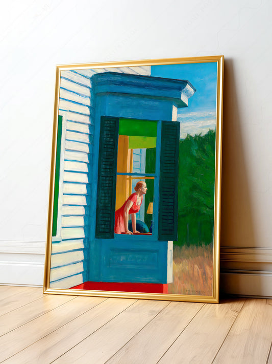 Edward Hopper Cape Cod Morning art print featuring a woman in red gazing through a sunlit window.