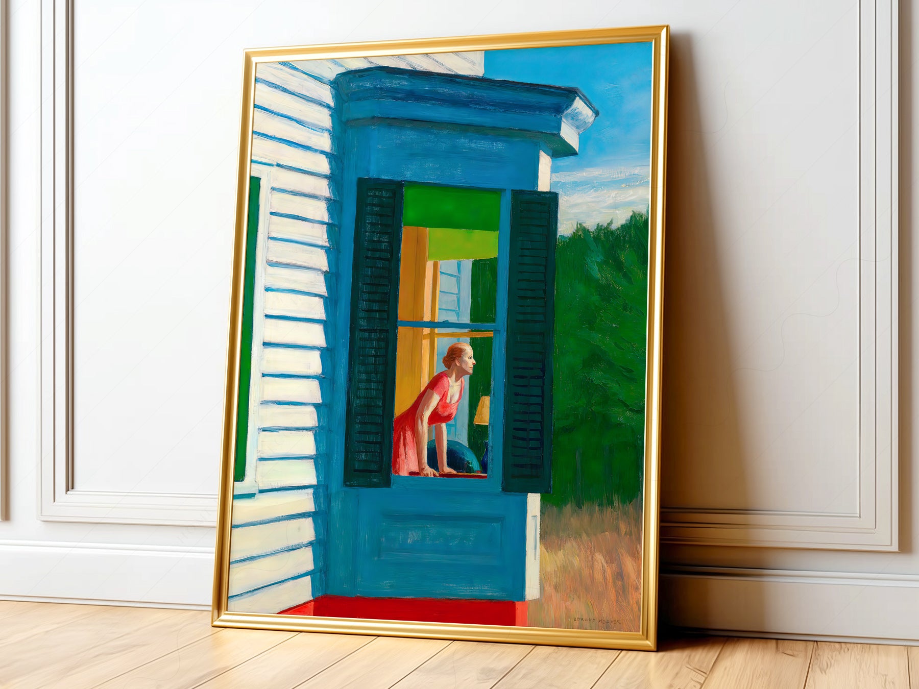 Edward Hopper Cape Cod Morning art print featuring a woman in red gazing through a sunlit window.