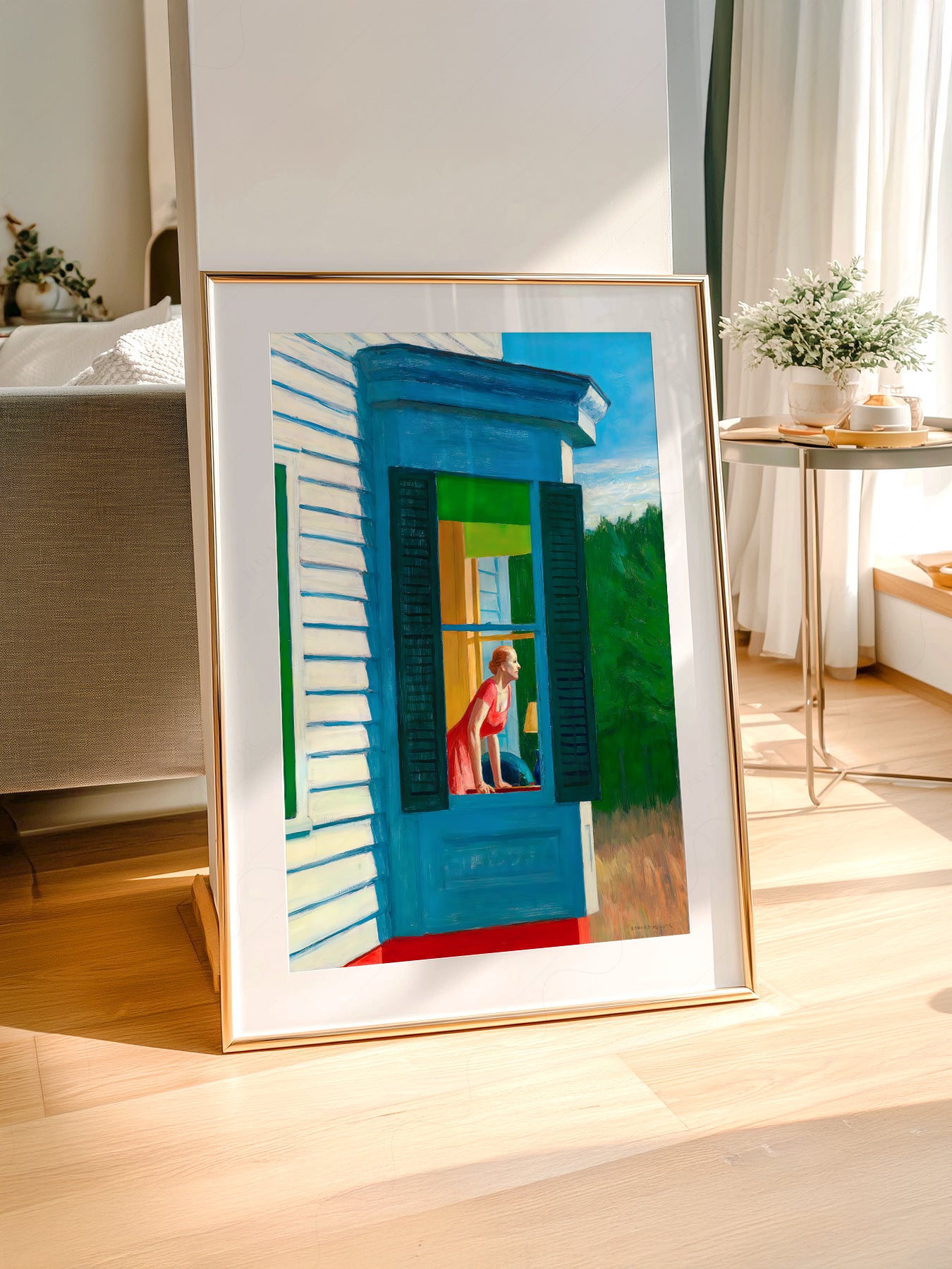 Edward Hopper art print styled in a Scandinavian bedroom