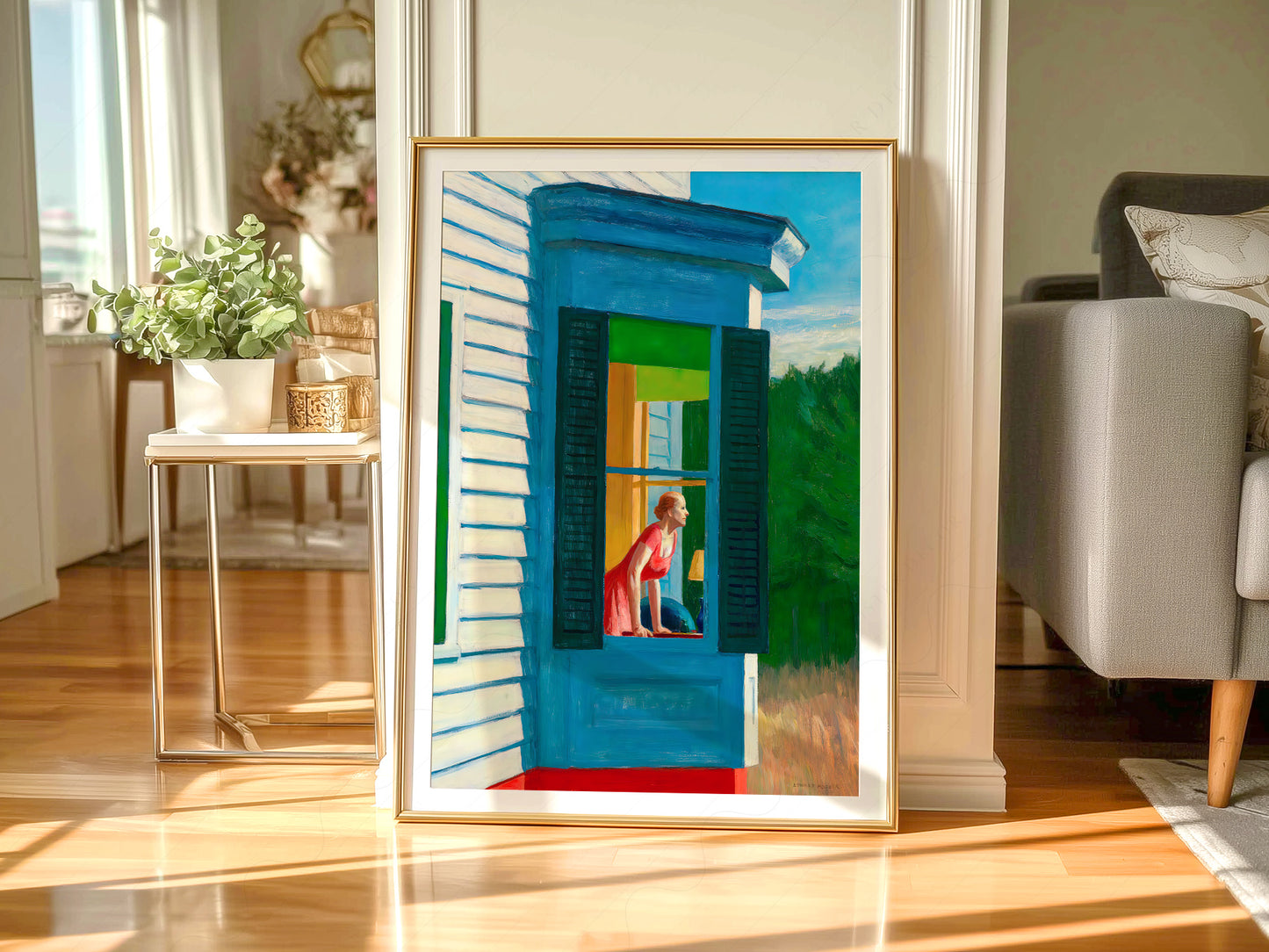Edward Hopper art print styled in a Scandinavian bedroom