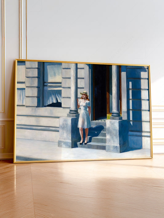 Edward Hopper Summertime wall art print featuring a woman in white dress on sunlit city steps.