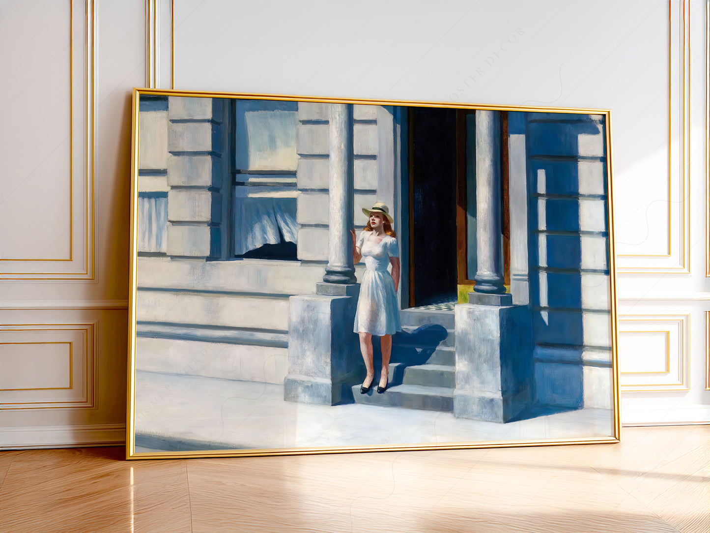 Edward Hopper Summertime wall art print featuring a woman in white dress on sunlit city steps.
