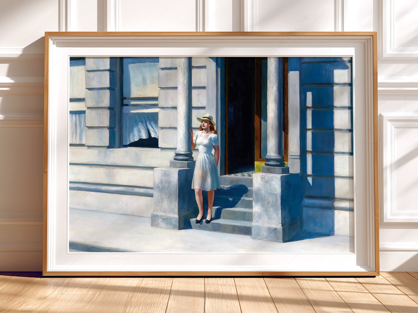 Edward Hopper Summertime print styled in a mid-century modern dining room