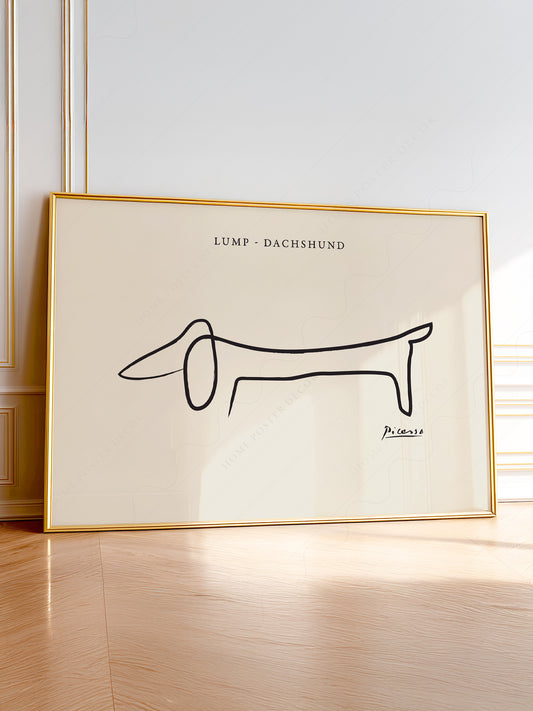 Pablo Picasso Lump dachshund line drawing art print featuring minimalist single-line dog illustration on cream background.
