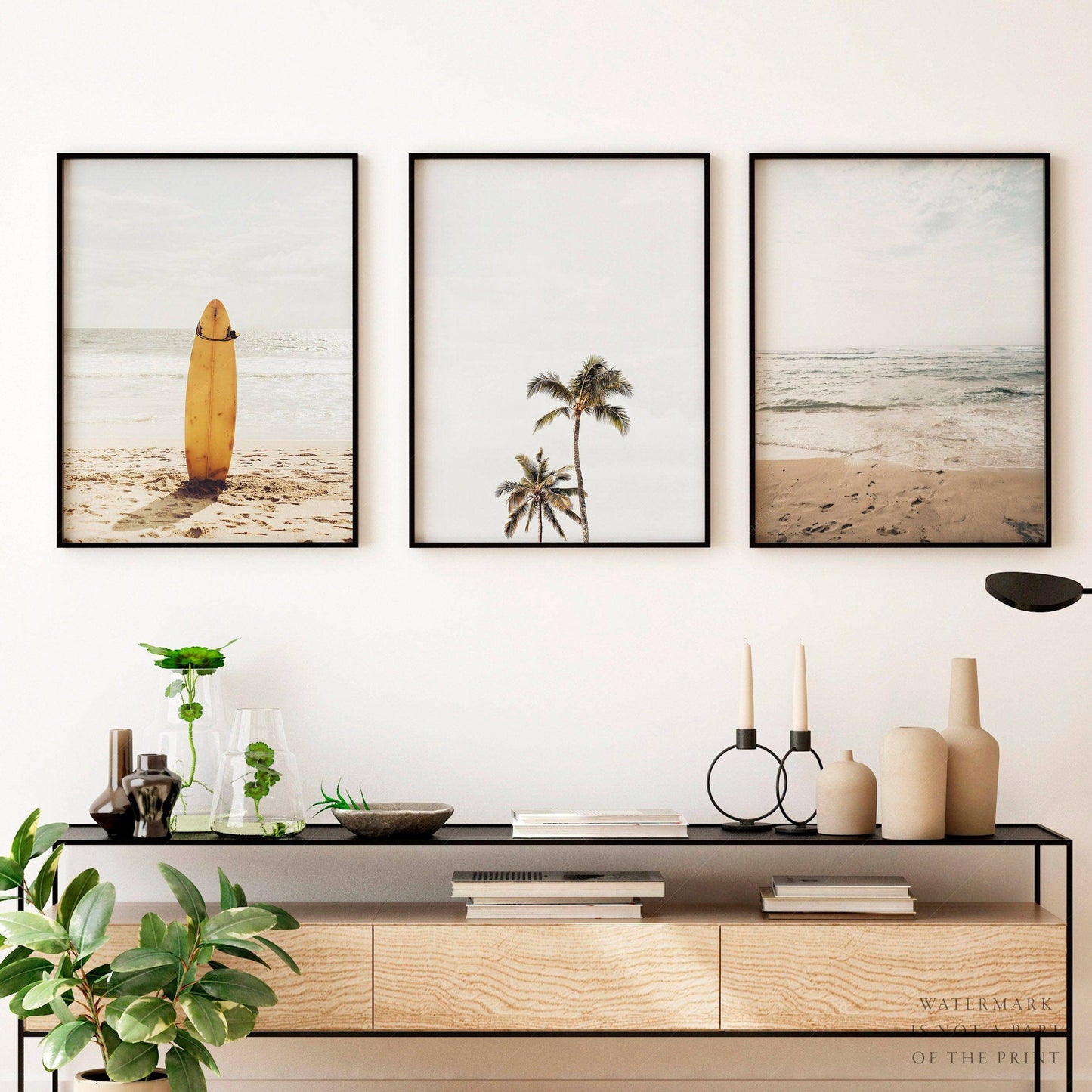 Beach Art Print, Set of 3 Prints, Surfboard Poster, Palm Tree, Sand photo