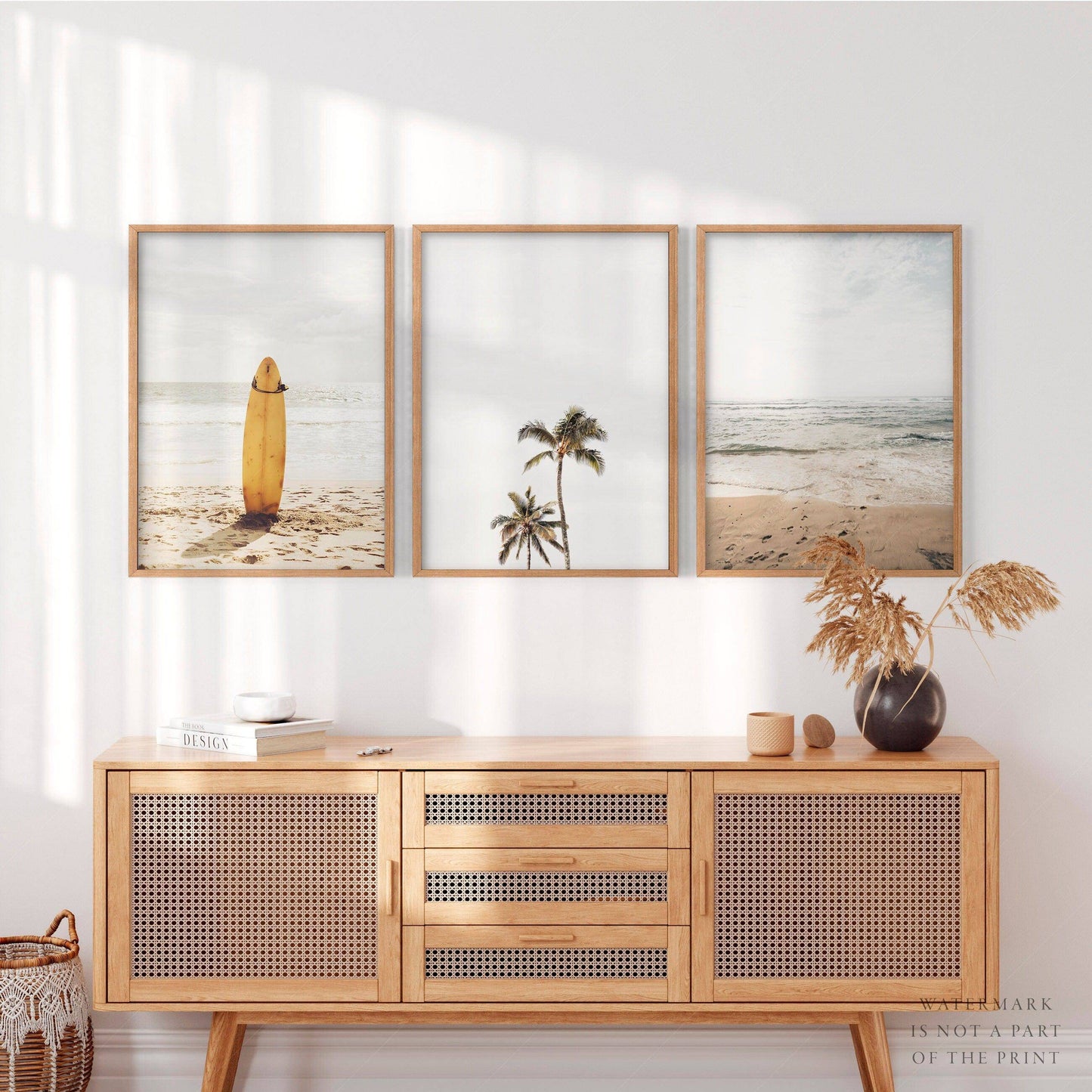 Beach Art Print, Set of 3 Prints, Surfboard Poster, Palm Tree, Sand photo