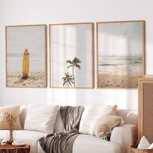 Beach Art Print, Set of 3 Prints, Surfboard Poster, Palm Tree, Sand photo