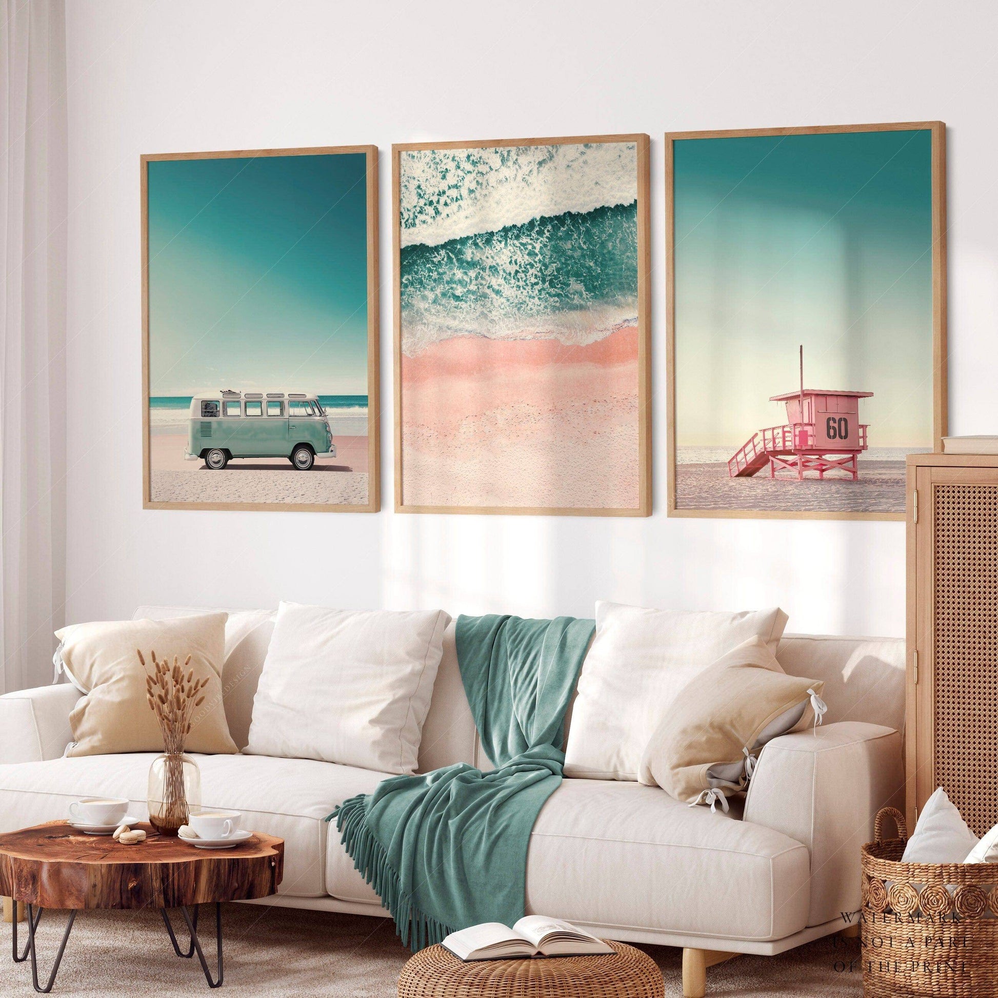 Beach Art Print, Set of 3 Wall Art, Turquoise Sea Water, Lifeguard Tower, Kombi Print