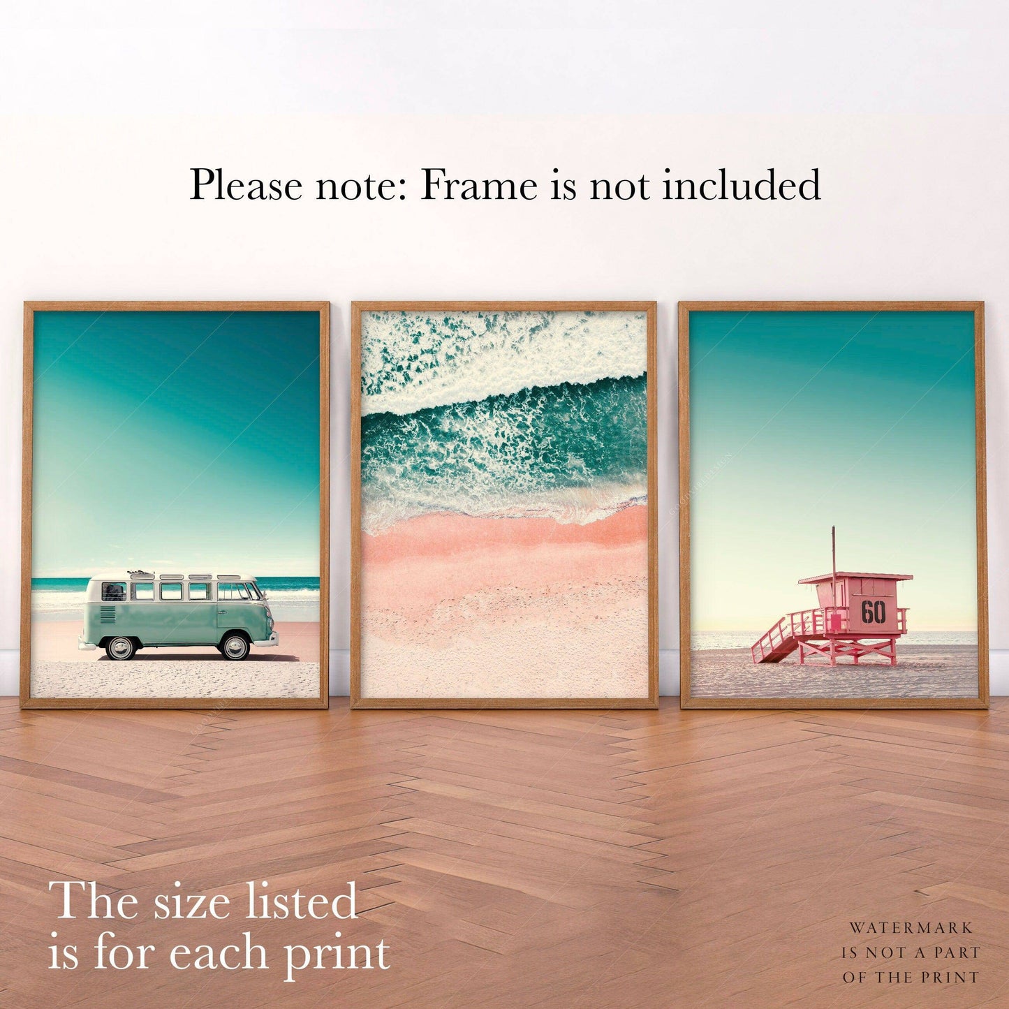 Beach Art Print, Set of 3 Wall Art, Turquoise Sea Water, Lifeguard Tower, Kombi Print