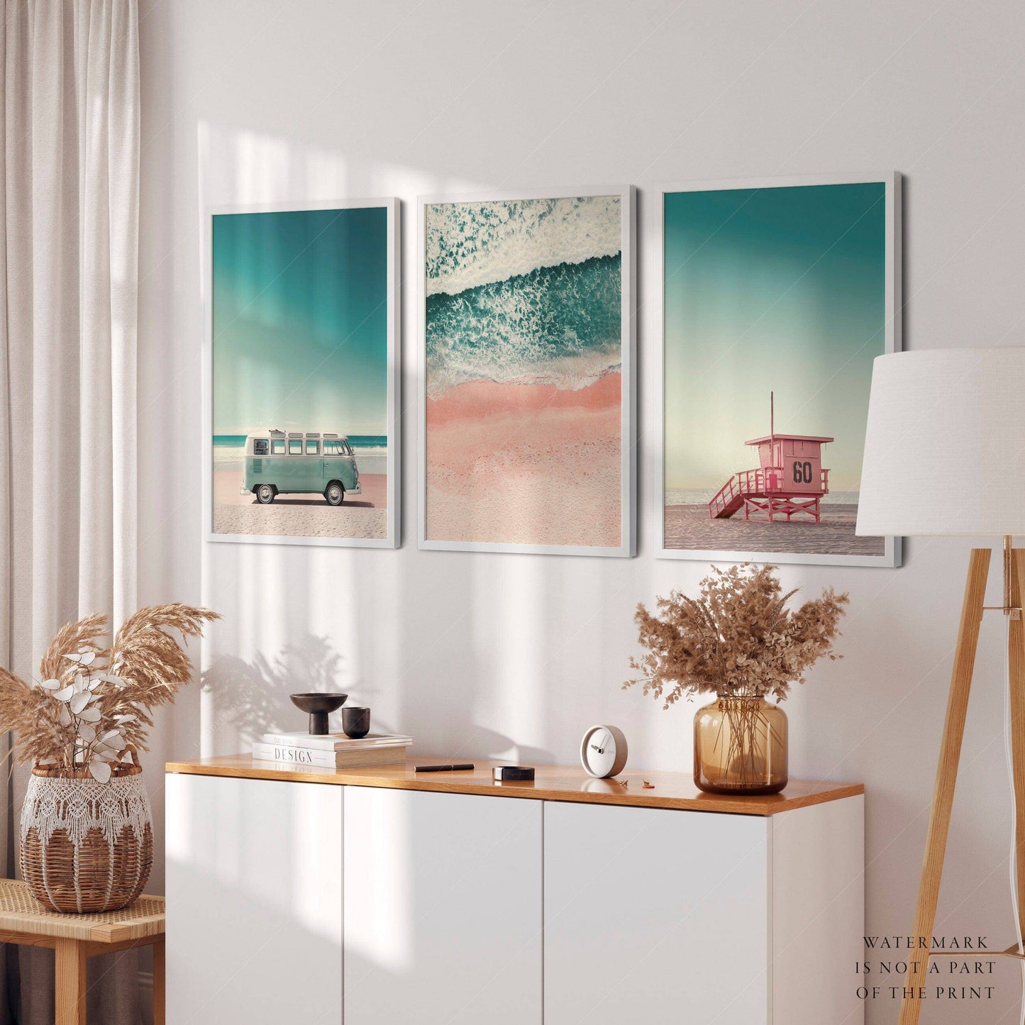 Beach Art Print, Set of 3 Wall Art, Turquoise Sea Water, Lifeguard Tower, Kombi Print