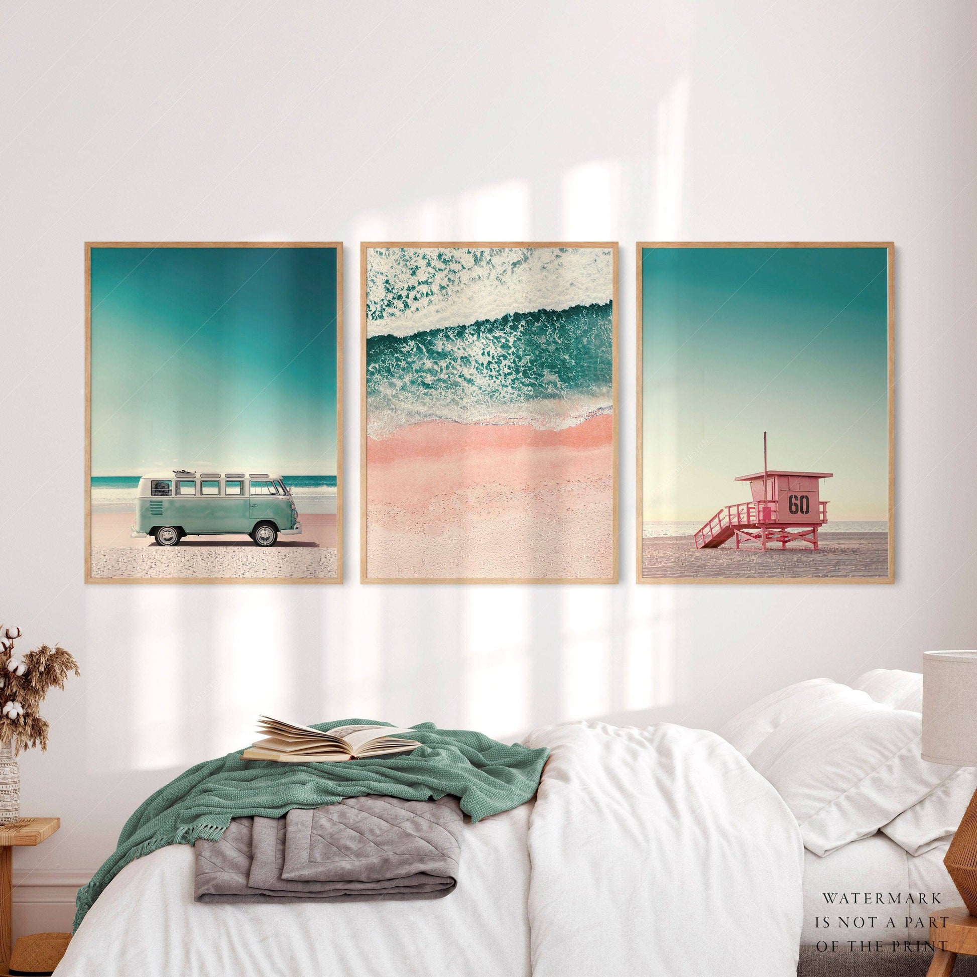 Beach Art Print, Set of 3 Wall Art, Turquoise Sea Water, Lifeguard Tower, Kombi Print