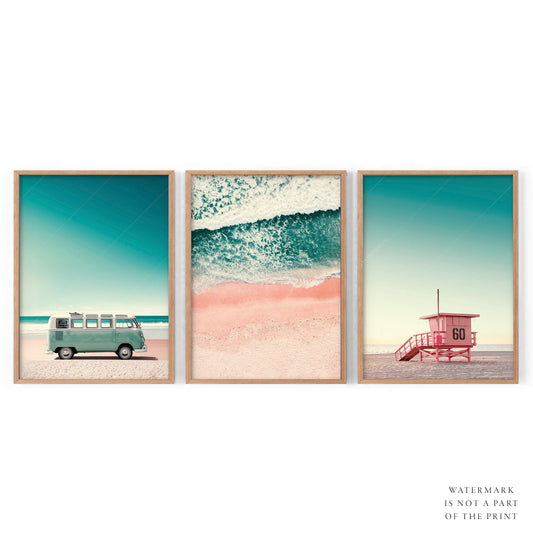 Beach Art Print, Set of 3 Wall Art, Turquoise Sea Water, Lifeguard Tower, Kombi Print