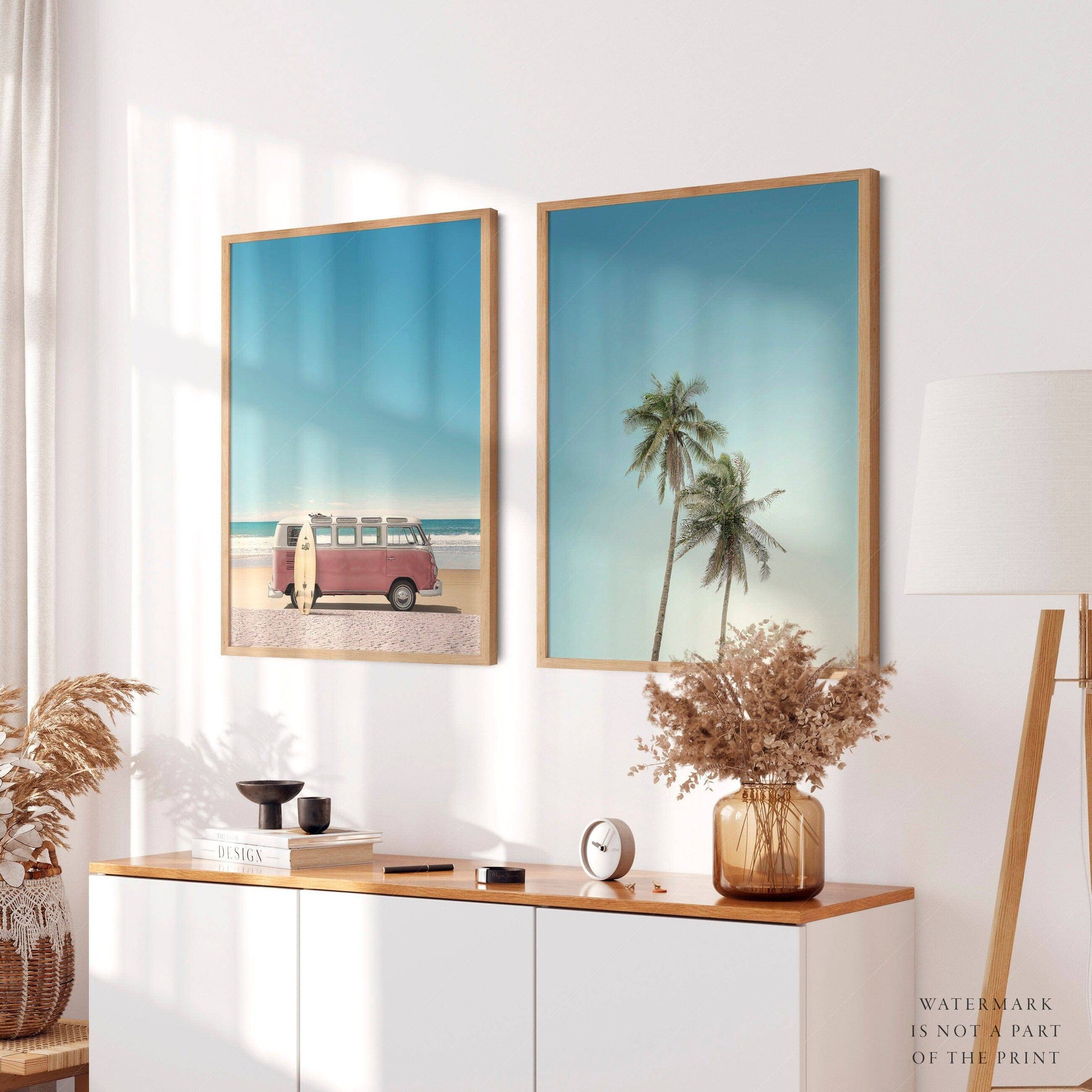 Beach Wall Art, Kombi Van Print, Set of 2 Coastal Prints, Palm trees photo