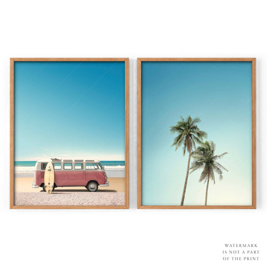 Beach Wall Art, Kombi Van Print, Set of 2 Coastal Prints, Palm trees photo