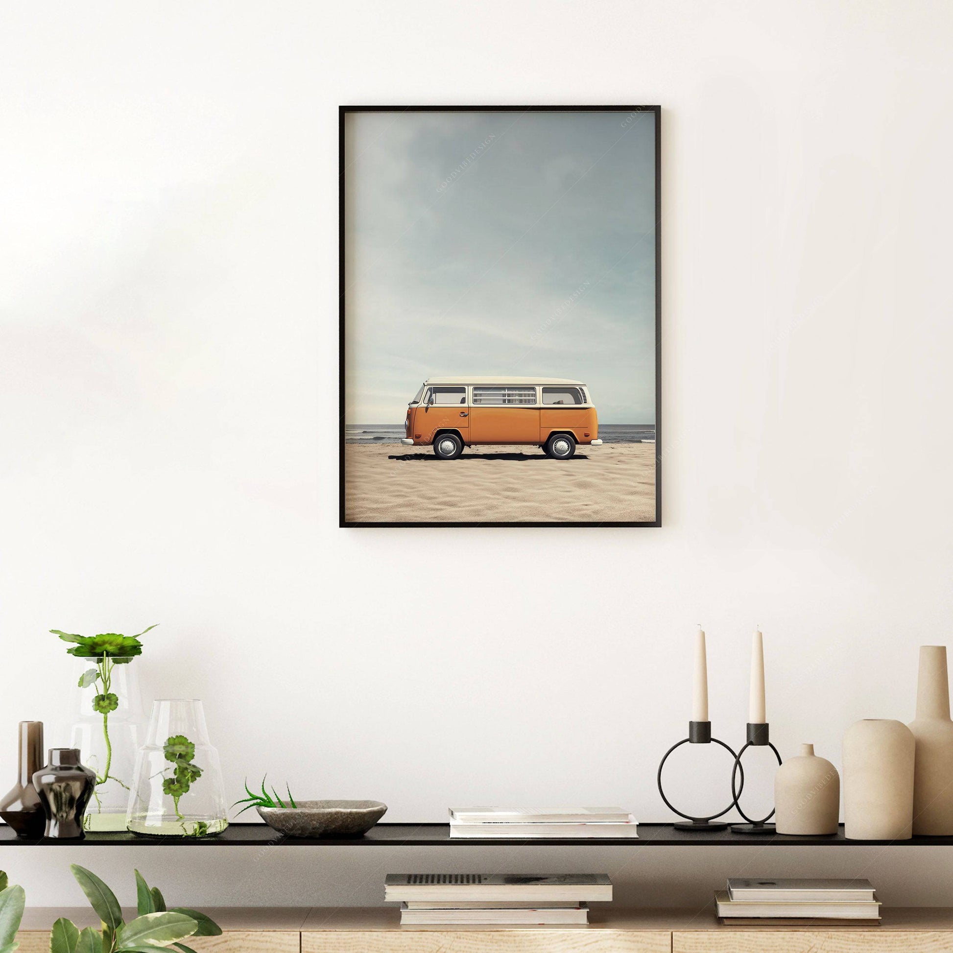 Beach Wall Art, Orange Van Print, Retro Wall Decor, Surf lover gift