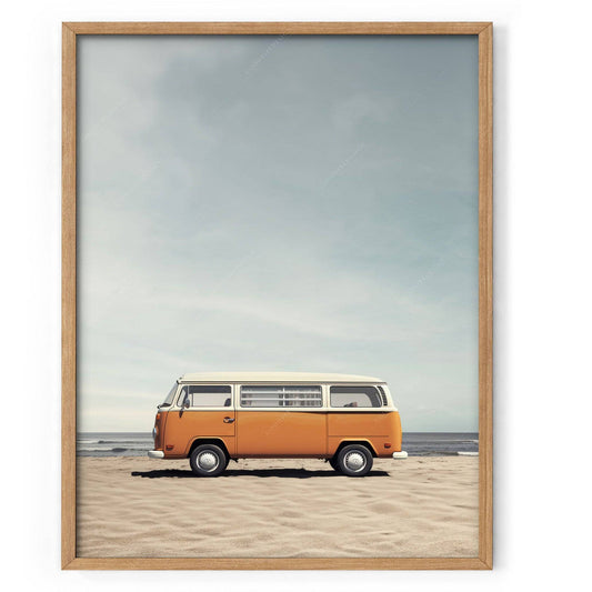 Beach Wall Art, Orange Van Print, Retro Wall Decor, Surf lover gift