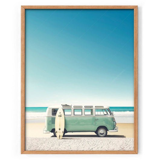 Beach Wall Art, Turquoise Kombi, Van Print, Retro Art