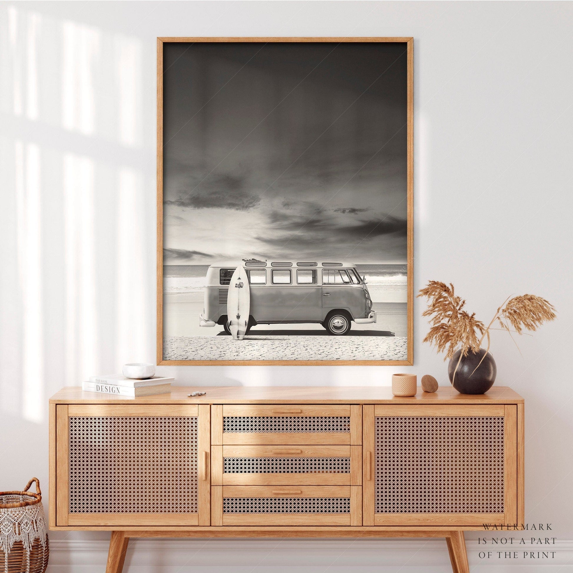 Black White Photo, Kombi Van Beach, Surf Print