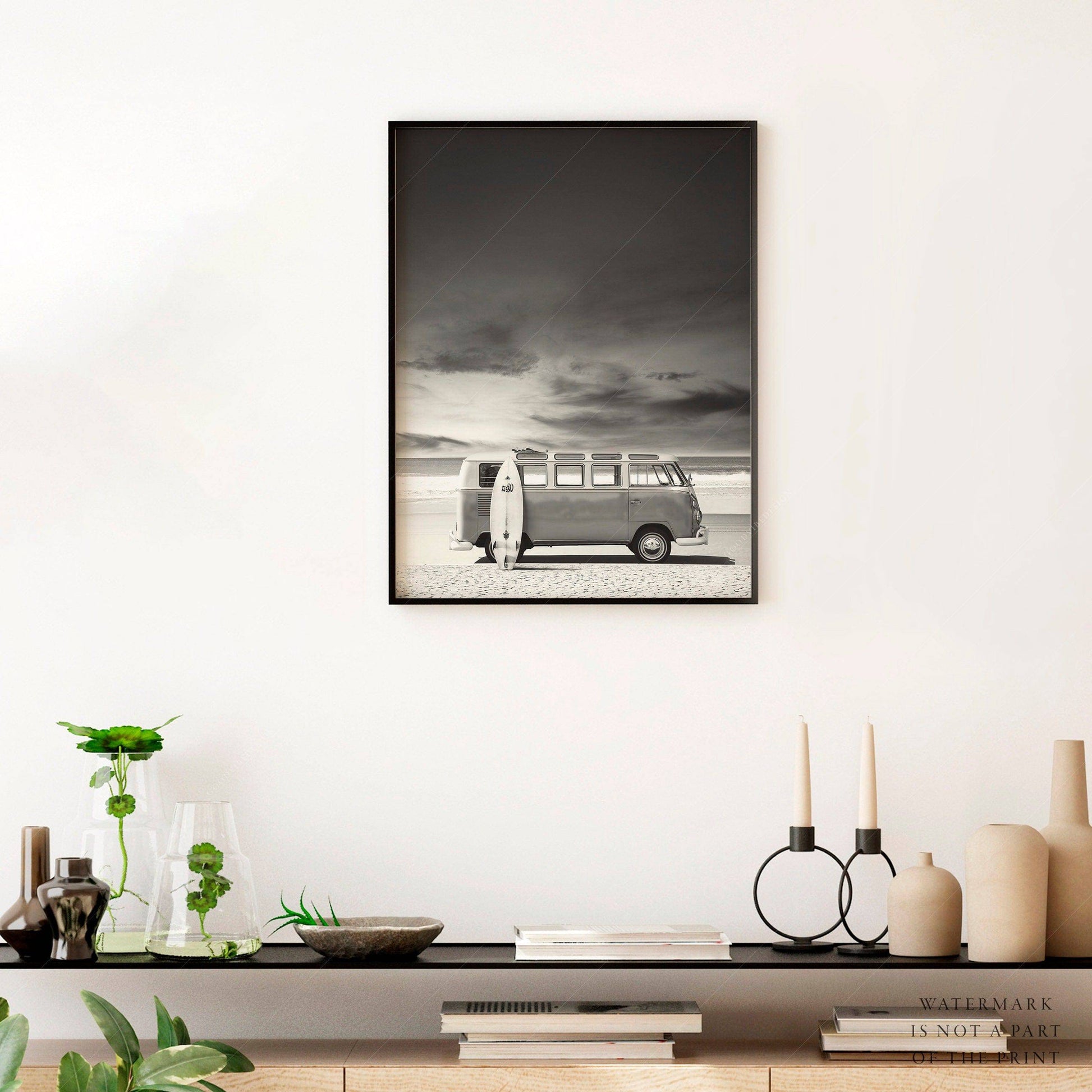 Black White Photo, Kombi Van Beach, Surf Print