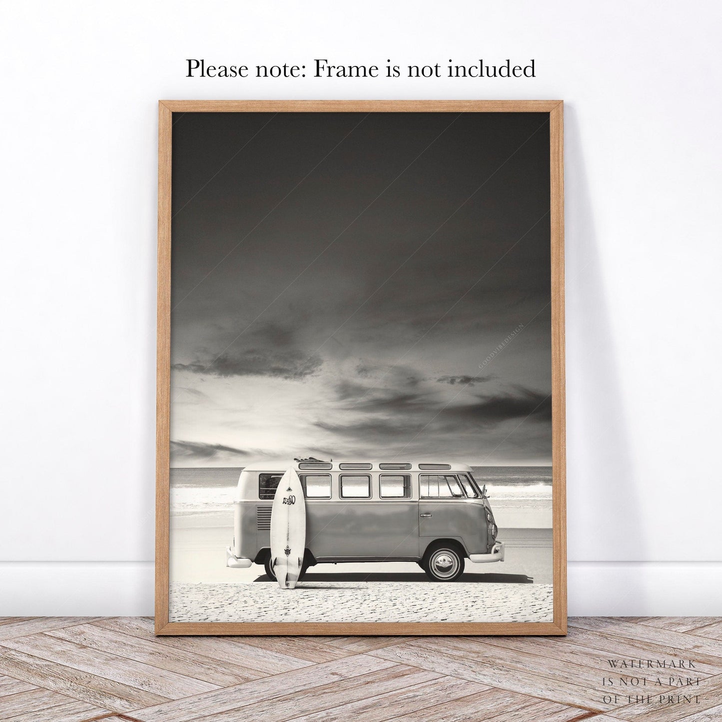 Black White Photo, Kombi Van Beach, Surf Print