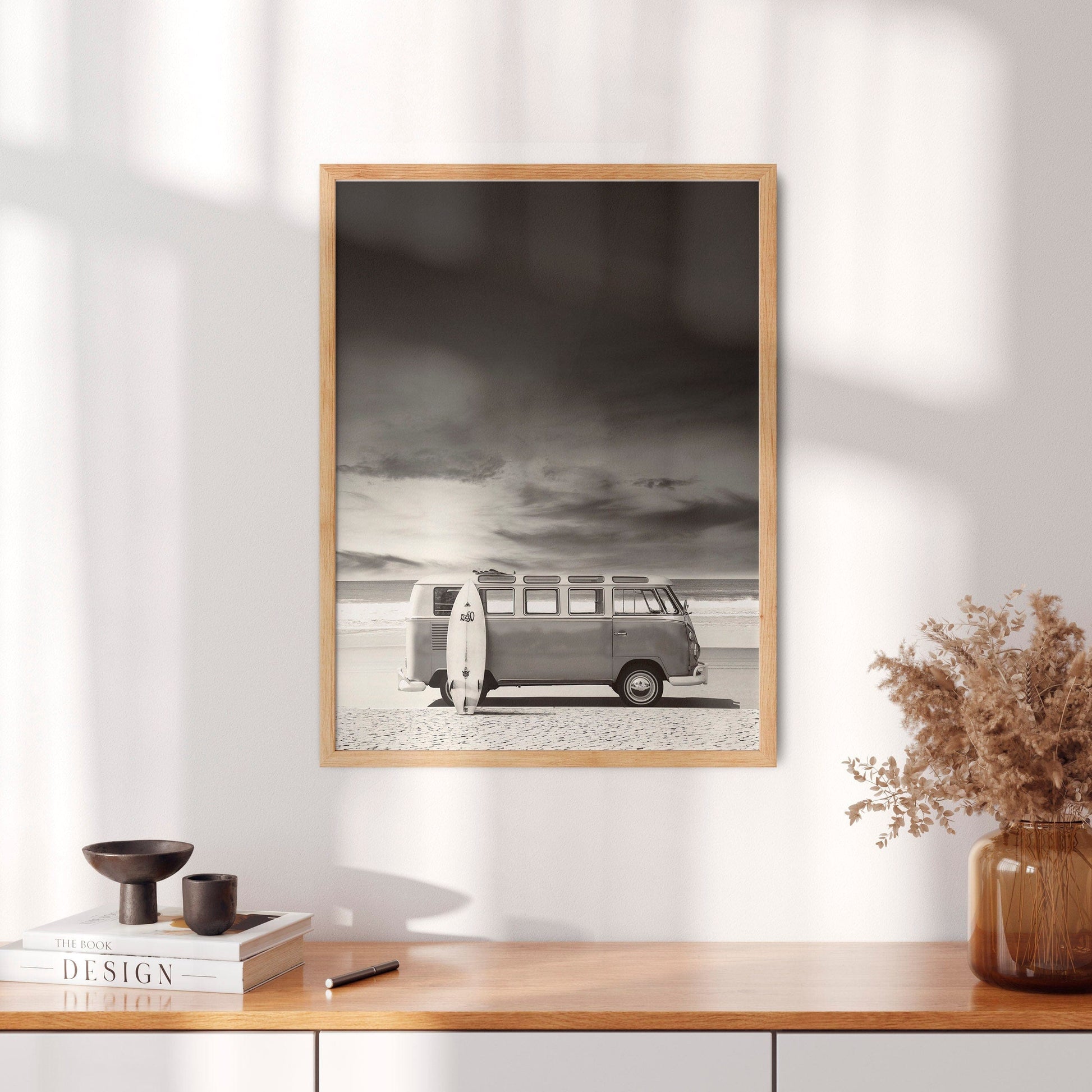 Black White Photo, Kombi Van Beach, Surf Print