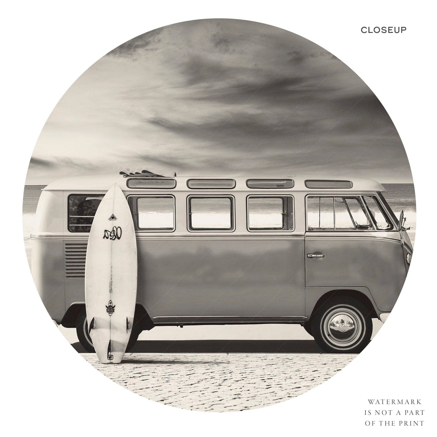 Black White Photo, Kombi Van Beach, Surf Print