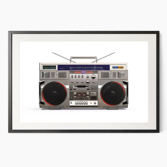 Vintage silver boombox art print featuring classic 80s ghetto blaster with red speaker accents and retro details.