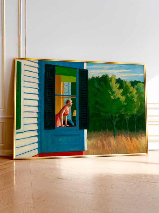 Edward Hopper Cape Cod Morning wall art print showing a woman gazing through a sunlit window toward green trees.