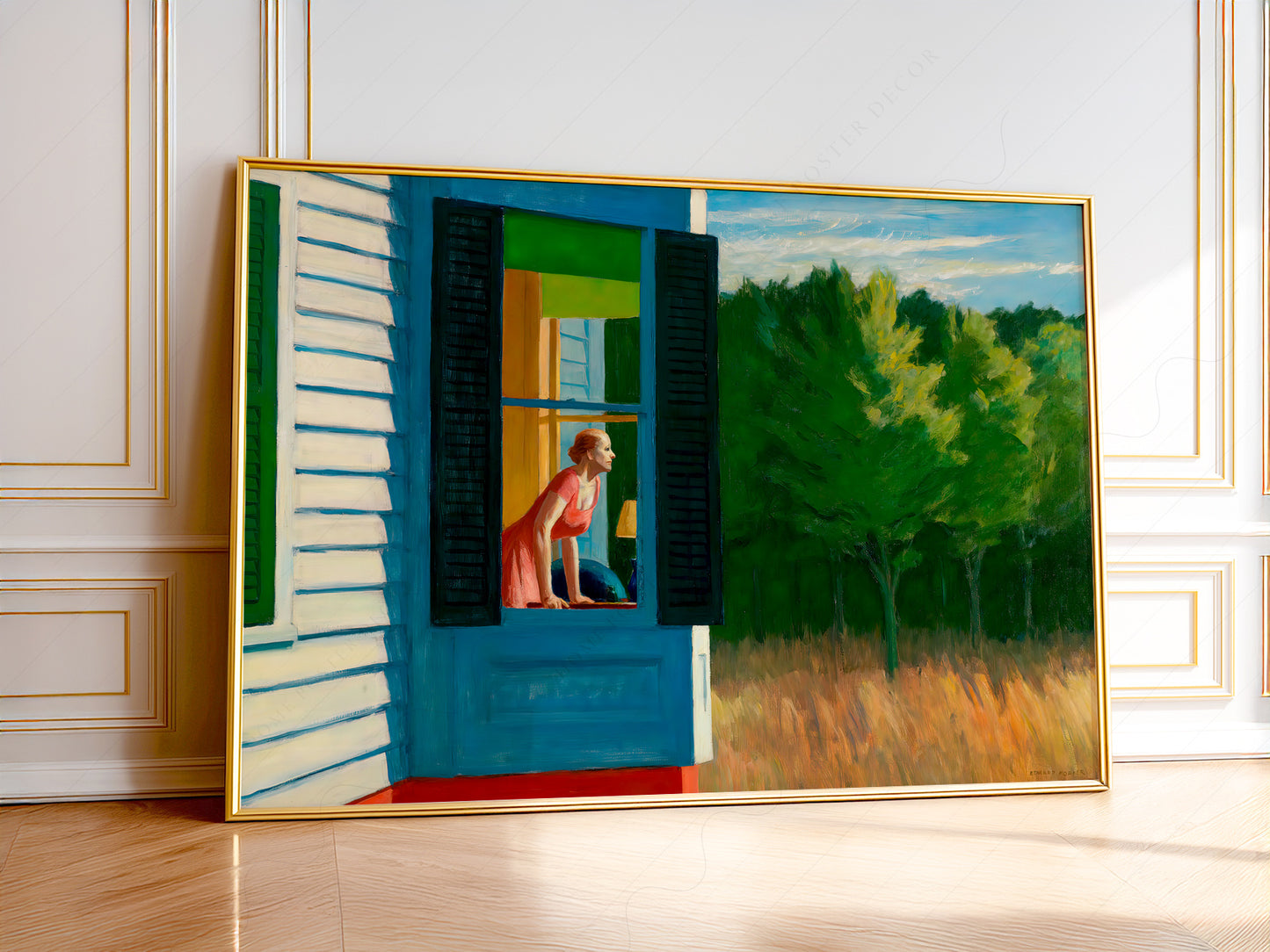Edward Hopper Cape Cod Morning wall art print showing a woman gazing through a sunlit window toward green trees.