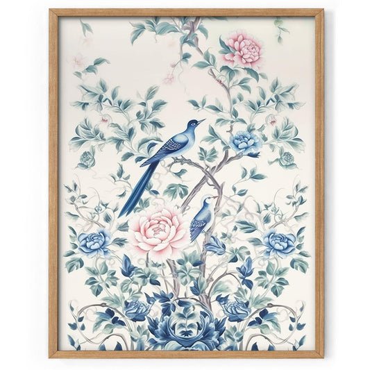 Chinoiserie print, Delicate floral theme, Vintage bird wall art