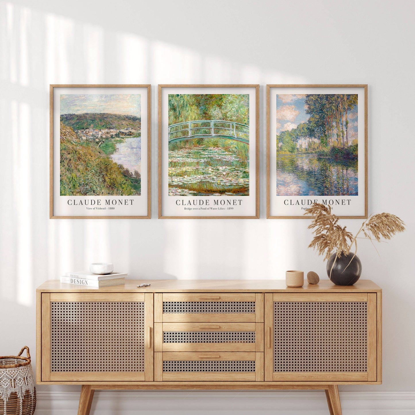 Claude Monet Set of 3 Prints, Bridge Over a Pond, Water Lilies, View of Vetheuil, Poplars on the Epte