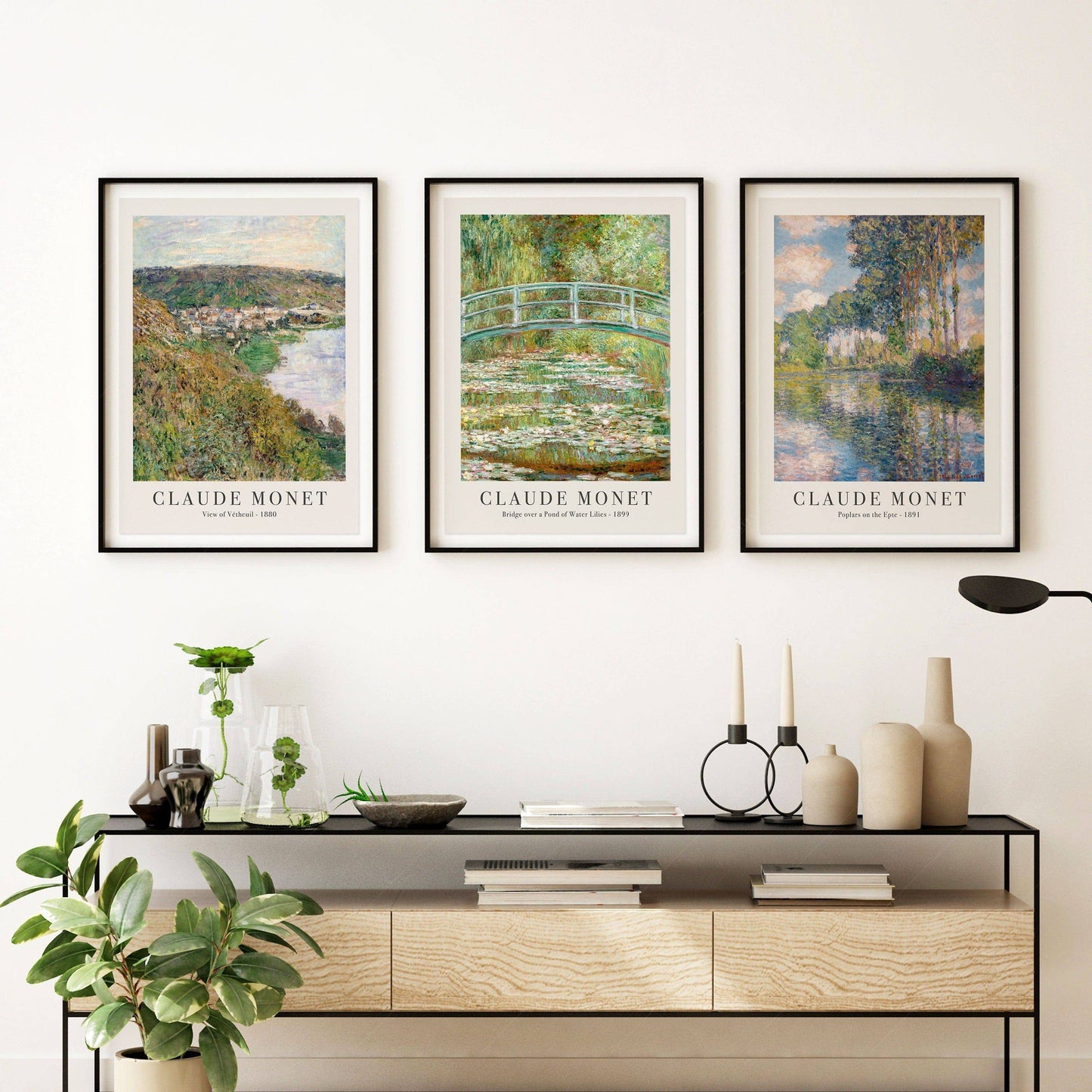 Claude Monet Set of 3 Prints, Bridge Over a Pond, Water Lilies, View of Vetheuil, Poplars on the Epte