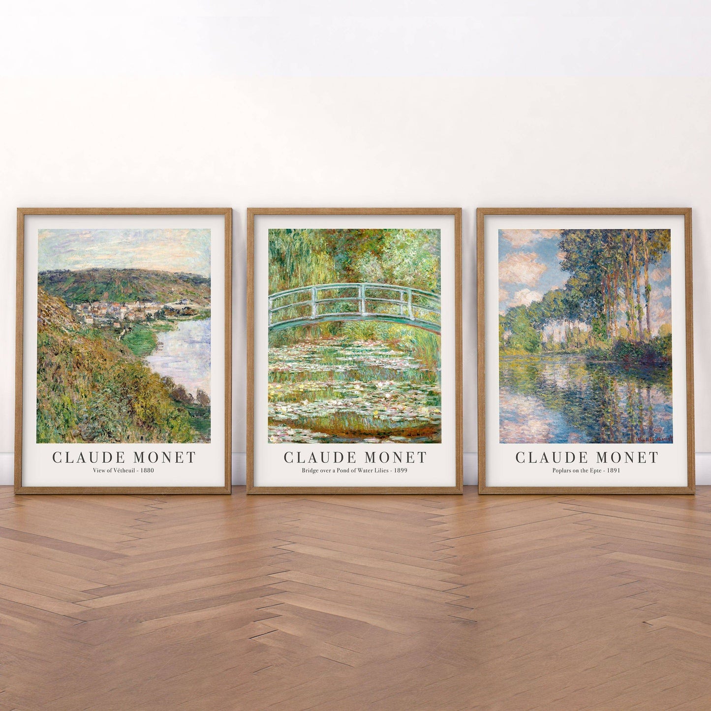 Claude Monet Set of 3 Prints, Bridge Over a Pond, Water Lilies, View of Vetheuil, Poplars on the Epte