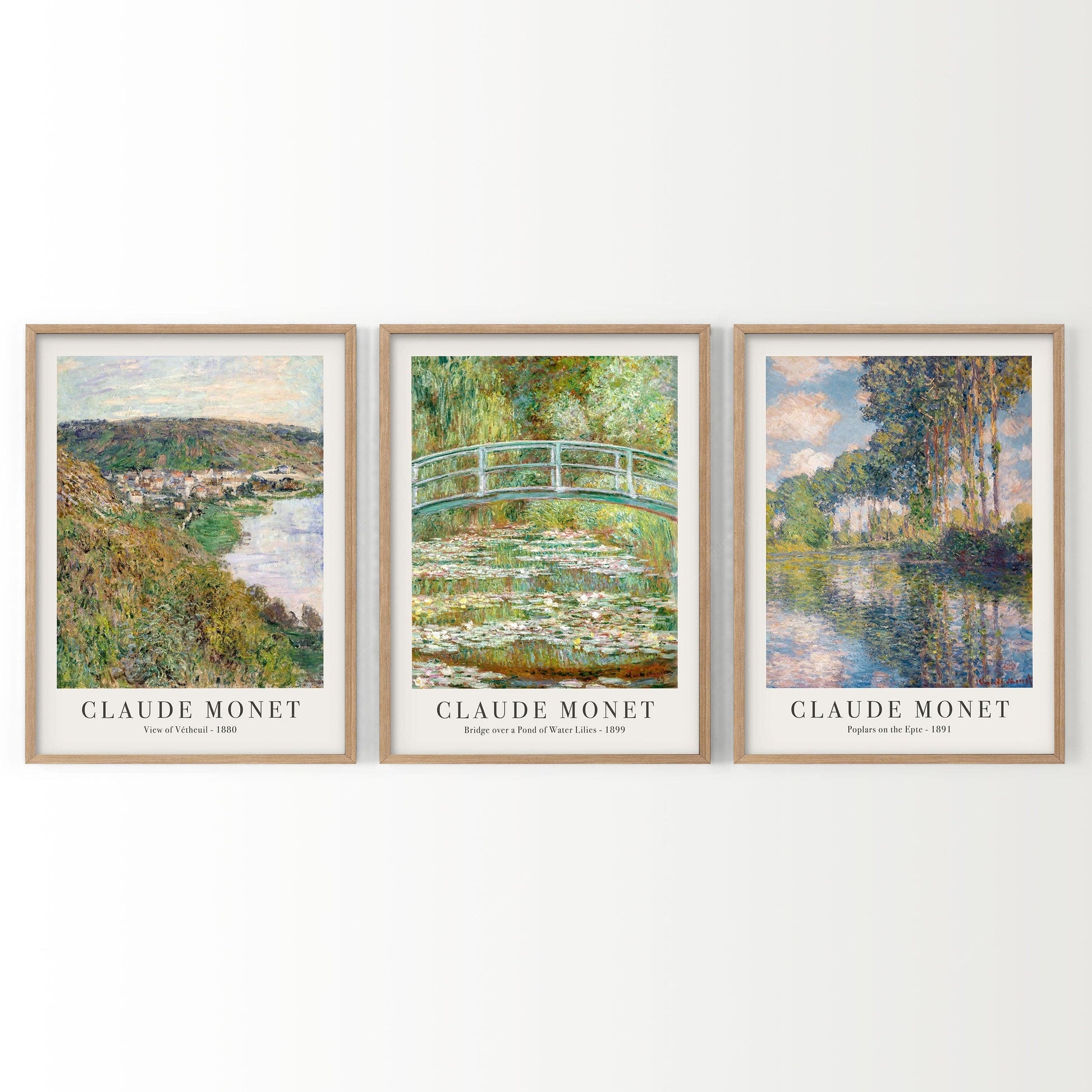 Claude Monet Set of 3 Prints, Bridge Over a Pond, Water Lilies, View of Vetheuil, Poplars on the Epte