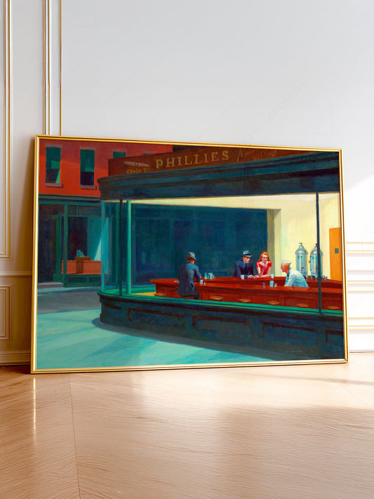 Edward Hopper Nighthawks wall art print featuring a late-night diner with figures in warm light against a dark city street.