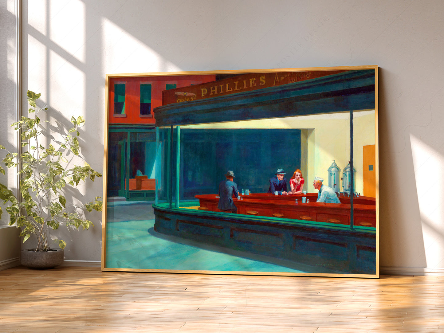 Edward Hopper art print styled in a Scandinavian bedroom